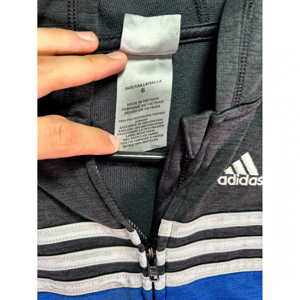 Adidas Jacket Boys 6 Black Blue Colorblock Kangaroo Pockets Long Sleeve Full Zip